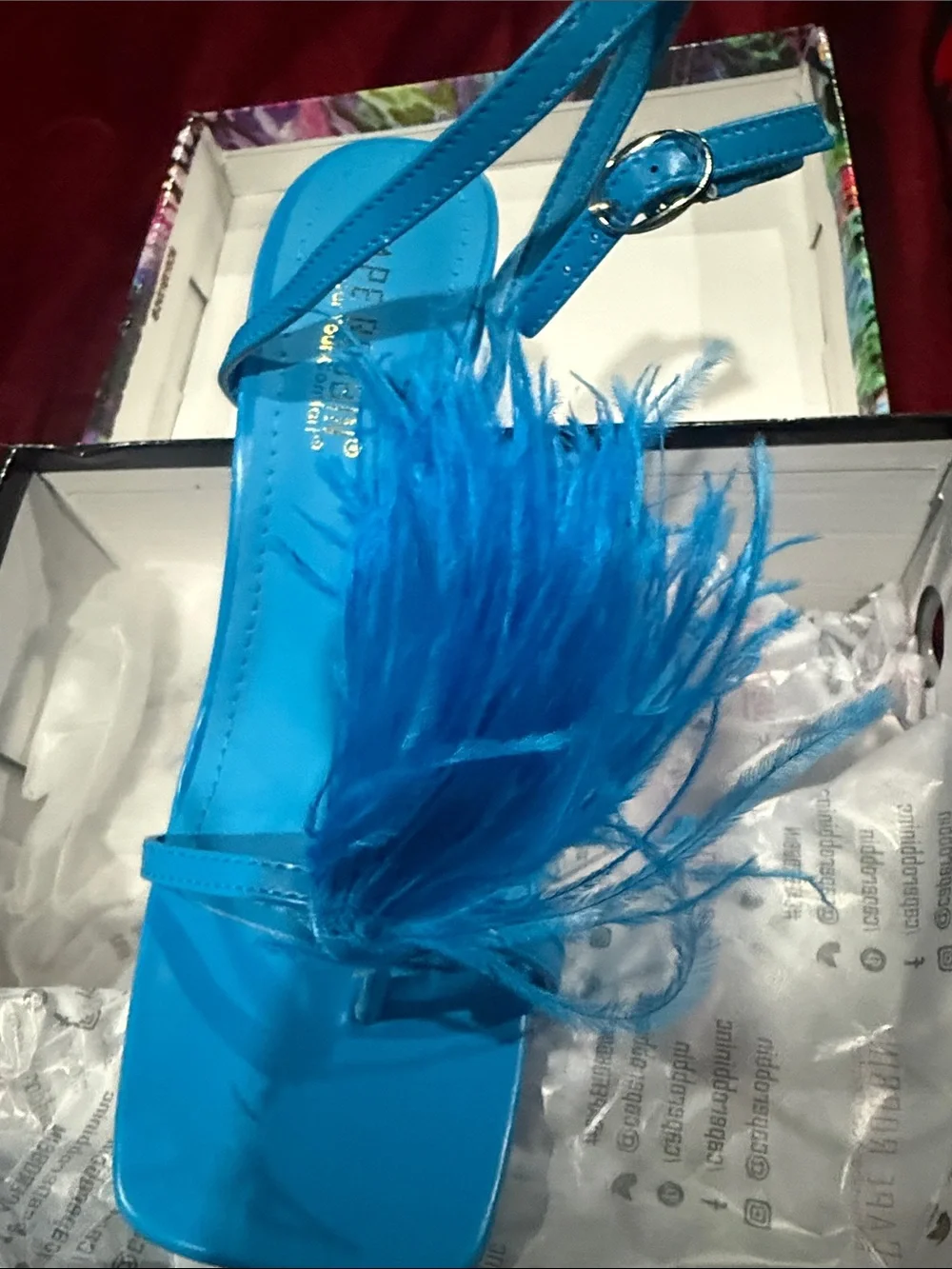 Blue Feather Strap High Heel Sandals - Women's